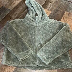 PINK Victoria’s Secret Olive Green Fleece Zip Up Jacket Sz XL Pockets Cozy Fuzzy